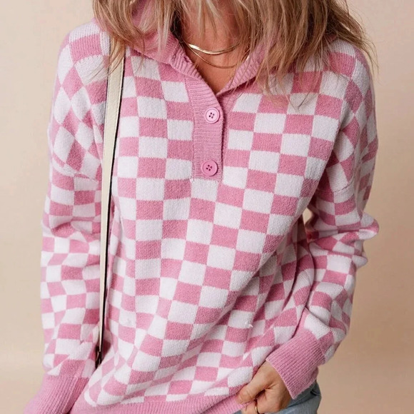 Pink Casual Women's Checkered Buttons Collar V Neck Drop Shoulder Sweater - Picture 5 of 5